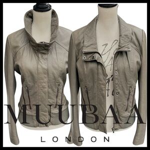 Muubaa London Khaki Grey/Brown Leather/Ribbed Bomber Jacket (6/8)